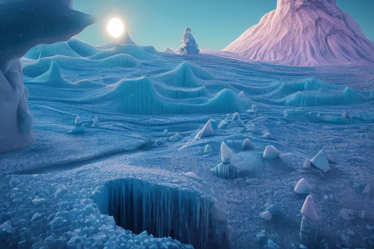 Image similar to a hd render of a surreal frozen landscape, by beeple and salvador dali