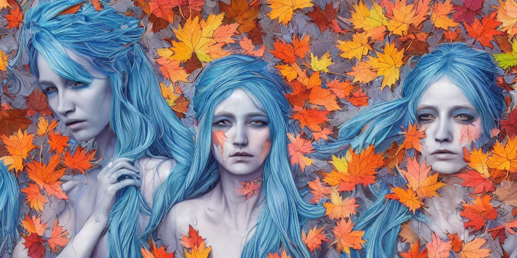 Image similar to breathtaking detailed concept art painting pattern with pastel colors of blue hair faces goddesses amalgamation autumn leaves, by james jean, bizarre compositions, exquisite detail, 8 k