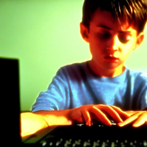 Image similar to defined colours 4k professional photograph of a standing figure of a five years old boy in front of a PC computer from 90s in the bedroom. from the 1994 Movie by Terrence Malick and Gaspar Noé and Alan Parker. high resolution, ultra details, high quality