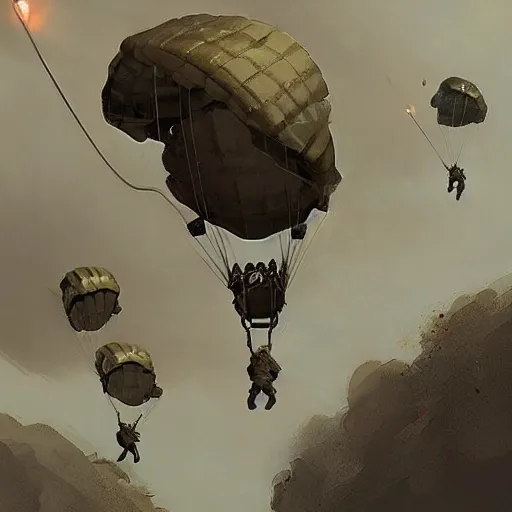 Image similar to airborne paratroopers jumping from parachutes, style of greg rutkowski