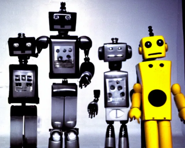 Image similar to middle shot, robots are in love with each other pose for a photo, circa 1 9 8 4