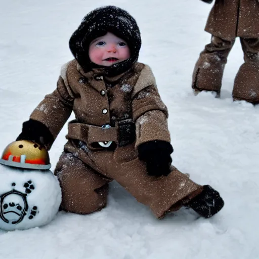 Prompt: baby steampunk snowtroopers on hoth having a snowball fight, action still, by cameldeath