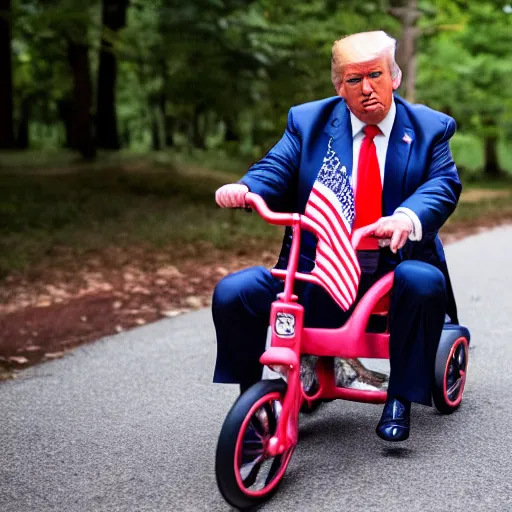 Image similar to Donald Trump falling off a tricycle, Canon EOS R3, f/1.4, ISO 200, 1/160s, 8K, RAW, unedited, symmetrical balance, in-frame