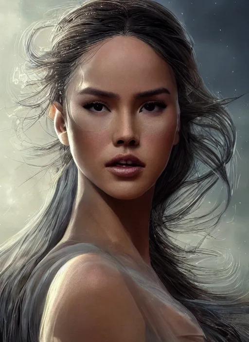 Image similar to portrait of Catriona Gray as a ever reaching Goddess of despair, cinematic, intricate story, blind and hungry souls around. a futuristic diety, fantasy, intricate, elegant, human anatomy, natural light, golden hour, highly detailed, digital painting, artstation, wide angle, smooth, sharp focus, illustration, art by brom, tian zi and WLOP and alphonse mucha, masterpiece, 3d blender, mitch foust, Clyde Caldwell, dof