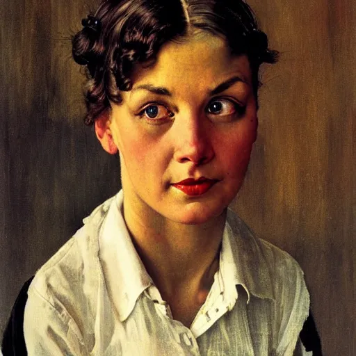 Image similar to Frontal portrait of a woman with bright solid colored eyes, no pupils. Painting by Norman Rockwell.