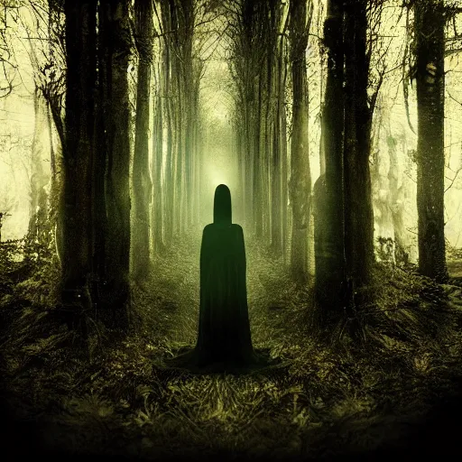 Image similar to long shot of a scary woman wearing all black, standing in the forest, melancholic, dreary, horror, creepy, glows, dark lighting, ambient lights, cinematic lighting, sinister, digital art,