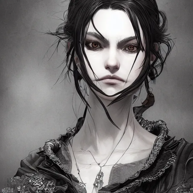 Prompt: the portrait of the neutral evil fallen female dark knight vagabond as absurdly beautiful, gorgeous, elegant, sophisticated, mellow young woman, an ultrafine hyperdetailed illustration by kim jung gi, irakli nadar, intricate linework, octopath traveler, final fantasy, unreal engine 5 highly rendered, global illumination, radiant light, detailed and intricate environment