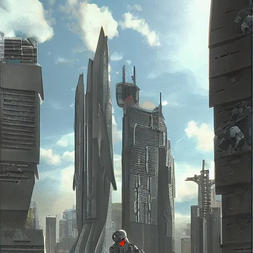 Image similar to “The plaza around the base of the megabuilding was being patrolled by Robocop ED-209. The tower was made of solid black metal and stone. Anime background artwork in the style of Akira. 2077 photo mode by Marc Simonetti, artwork by Ted Nasmith, Ted Nasmith and Marc Simonetti, 8K, D&D concept art, 2077 wallpaper”