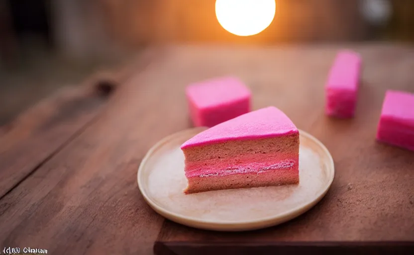 Image similar to A photo of a swedish cake from the side on a wooden table, covered with pink marzipan, some powder sugar and a marzipan leaf. Sunset. 4K. Cinematic lighting. High detail. Realistic. Delicious.