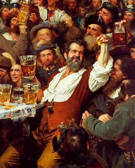 Image similar to a painting of mel gibson holding a mug of beer at the oktoberfest, a detailed painting by konstantin makovsky and by jan matejko and by nikolay makovsky, shutterstock contest winner, german romanticism, detailed painting, oil on canvas, wimmelbilder