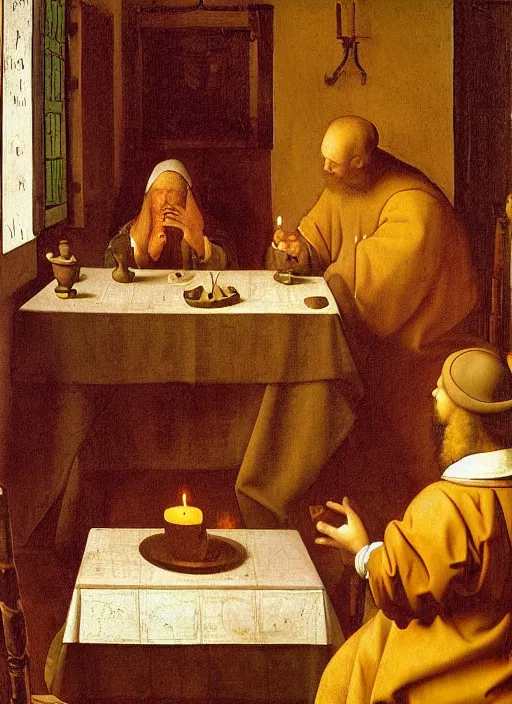 Image similar to a candlelit table at the inn, two people sitting at the table, swirling smoke, dark smoke, realistic, in the style of leonardo da vinci, dutch golden age, amsterdam, medieval painting by jan van eyck, johannes vermeer, florence