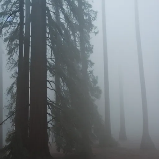 Image similar to extremely foggy sequoia forest, dense fog, huge tree trunks, white mist and fog, low visibility, spooky