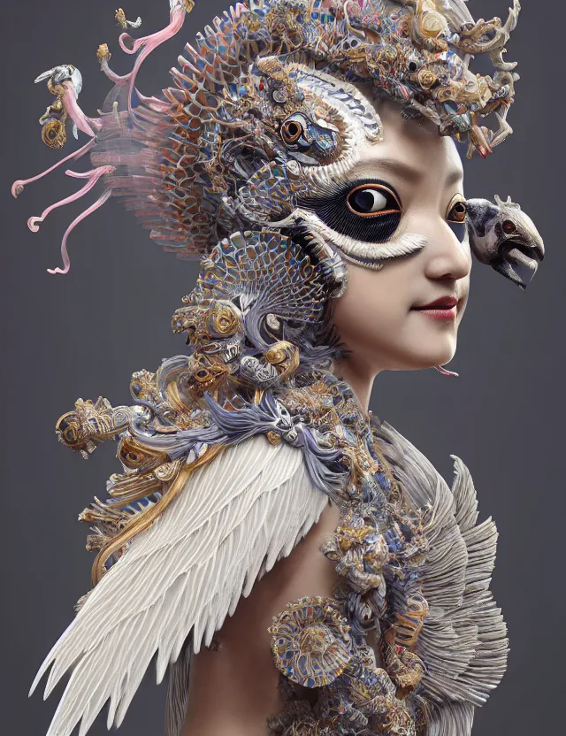 Image similar to 3 d goddess in robe close - up profile portrait with ram skull. beautiful intricately detailed japanese crow kitsune mask and clasical japanese kimono. betta fish, jellyfish phoenix, bio luminescent, plasma, ice, water, wind, creature, artwork by tooth wu and wlop and beeple and greg rutkowski