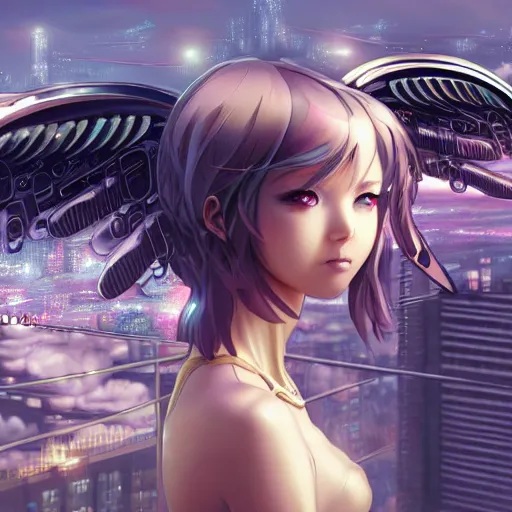 Prompt: cute cyborg - angel girl with large angelic wings standing on the edge of a rooftop overlooking a apocalyptic city, left eye gold and right eye silver, biomechanical details, bionic cyborg implants, digital cyberpunk - anime art, full body shot, wlop, ilya kuvshinov, artgerm, krenz cushart, greg rutkowski