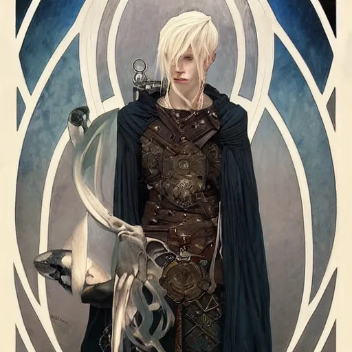 Prompt: portrait of an androgynous albino Viking elf with blue-tinged skin and ghostly art nouveau tattoos wearing black cloak and expression of manic disdain by Greg Rutkowski, Brom, Yoshitaka Amano!!!! and Alphonse Mucha