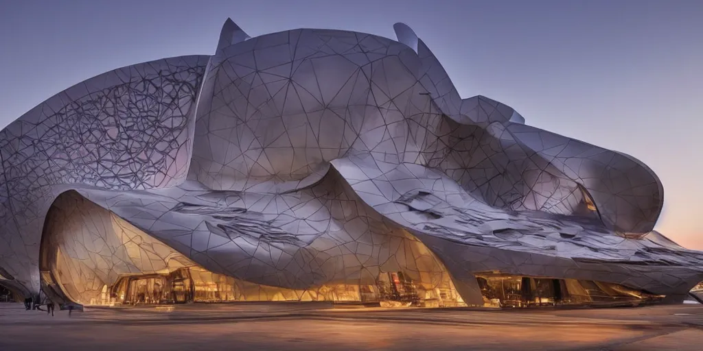 Image similar to extremely detailed ornate stunning sophisticated beautiful elegant futuristic museum exterior by Zaha Hadid, stunning volumetric light, sunset