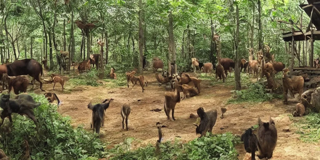 Prompt: a real animal village discovered in the forest, nature documentary