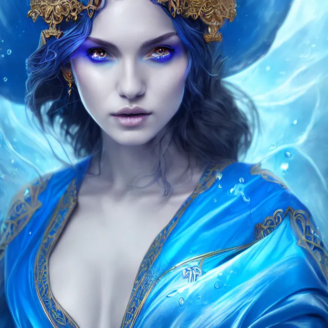 Image similar to beautiful elemental water witch with ornate blue robes and staff, highly detailed, 4 k, hdr, smooth, sharp focus, high resolution, award - winning photo, artgerm, photorealistic