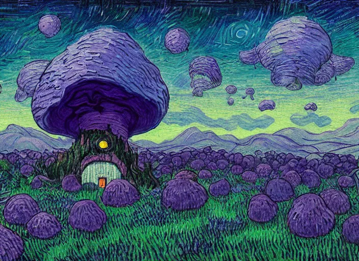 Image similar to detailed painting of a fungal house made of a giant purple mushroom, mystical dark purple landscape at night, dark purple sky, blue bioluminescent life, in the style of moebius and studio ghibli and vincent van gogh and claude monet