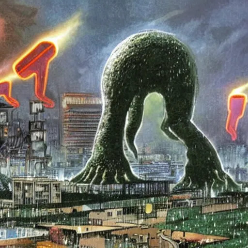 Image similar to big tentcle monster destroys a fallout city, while it is heavy raining radioactively with lightning everywhere