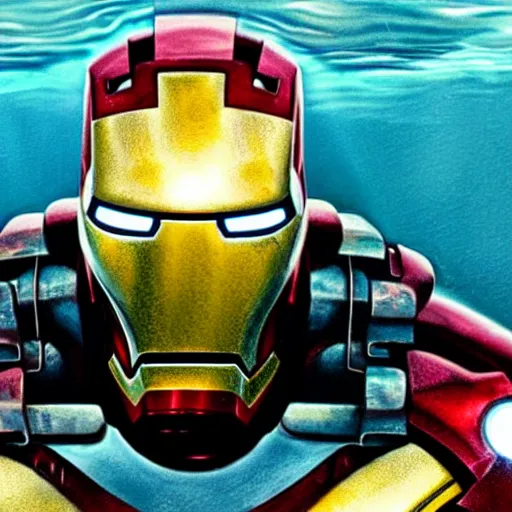 Image similar to photorealistic shockingly amazing portrait of Iron man submerged in water extremely detailed, made by wlop and maxwell boas