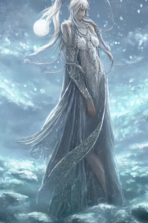 Prompt: a moon wizard dressed in intricate silver clothing surrounded by water particles above a serene pond, fantasy, wlop, trending on artstation, deviantart, anime key visual, official media, professional art, 8 k uhd