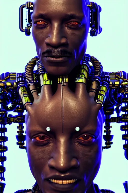 Prompt: a very detailed portrait of a old cyberpunk African man with dreadlocks, biotech, machine, photorealistic, highly detailed rendering with a cyberpunk style_ robotic arms MetaHuman, unreal engine, defined cheekbones, one blind eye, dramatic cinematic lighting