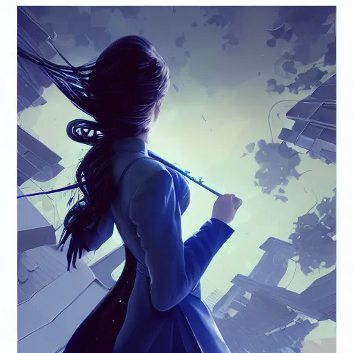 Image similar to low - angle shot from behind of a long blue - haired girl in a tailcoat overlooking noxus, noir, screenshot, sharp focus, intricate, illustration, cell shaded, digital painting, highly detailed, art by ilya kuvshinov, wlop, greg rutkowski, studio quality, james jean