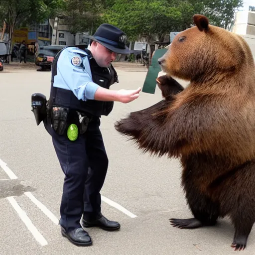 Prompt: capybara policeman arresting a bear