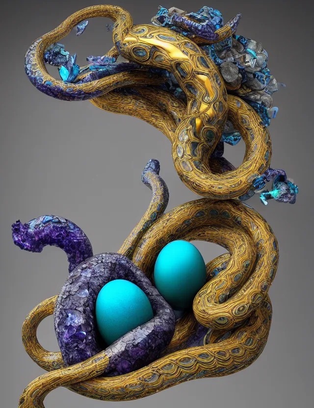 Image similar to a photo of a sculpture of snakes with wings made from blue and emerald and amethyst crystal geode formations encircling a marble egg on a base of obsidian made with liquid gold tendrils flowing by ellen jewett by stanisław szukalski, octane render, recursive, tendrils, elestial crystals, geode, refracted light