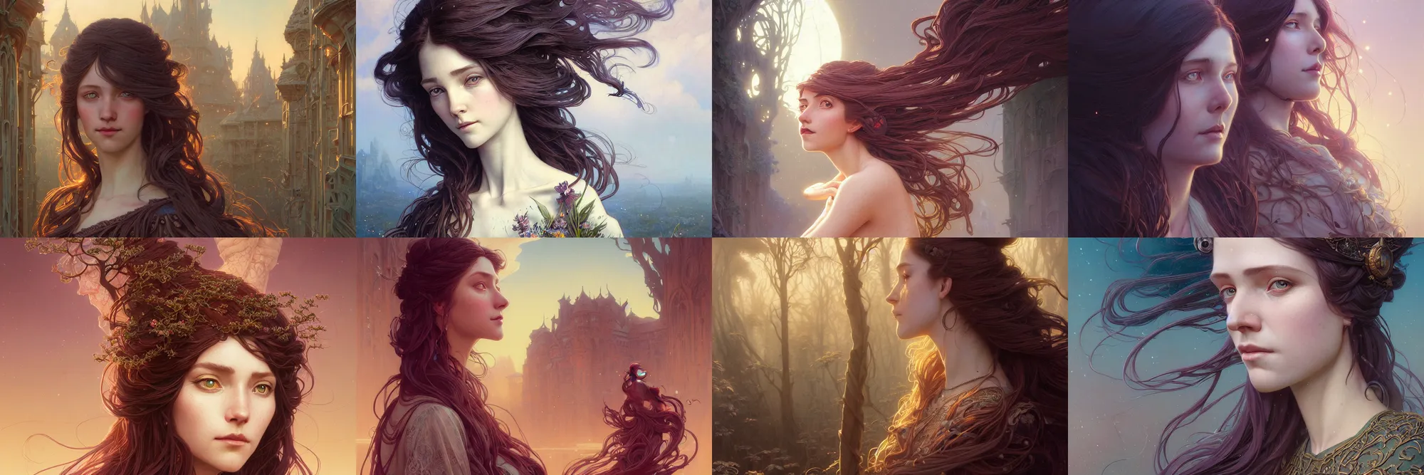 Image similar to highly detailed portrait of a woman with long hairs, stephen bliss, unreal engine, fantasy art by greg rutkowski, art nouveau, loish, rhads, ferdinand knab, makoto shinkai and lois van baarle, ilya kuvshinov, rossdraws, tom bagshaw, alphonse mucha, global illumination, radiant light, detailed and intricate environment