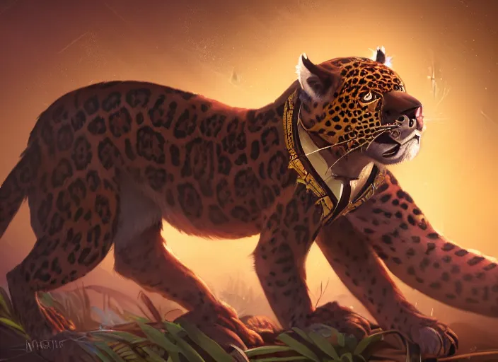 Image similar to character portrait feature of the anthro male anthropomorphic jaguar fursona animal person wearing shaman tribal outfit robes belt standing in the amazon rainforest, well framed character design stylized by charlie bowater, ross tran, artgerm, makoto shinkai, detailed, soft lighting, rendered in octane