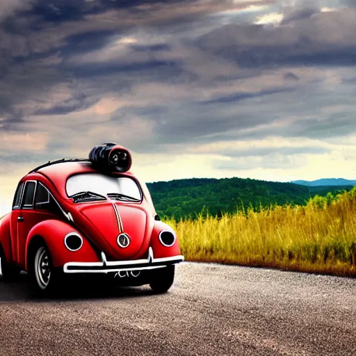 Image similar to promotional scifi - blockbuster movie scene of a ladybug ( volkswagen beatle ) hybrid, flying down a dusty backroad in smokey mountains tennessee. cinematic, muted dramtic color, 4 k, imax, 7 0 mm, hdr