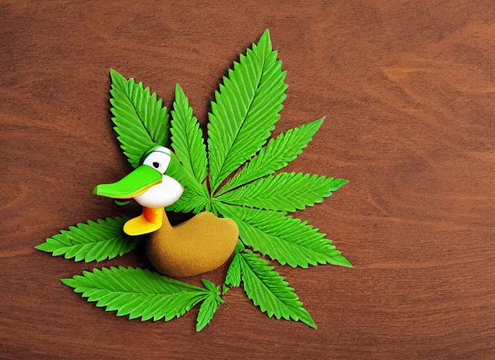 Prompt: duck, marijuana leaves, duck surrounded by weed leaves