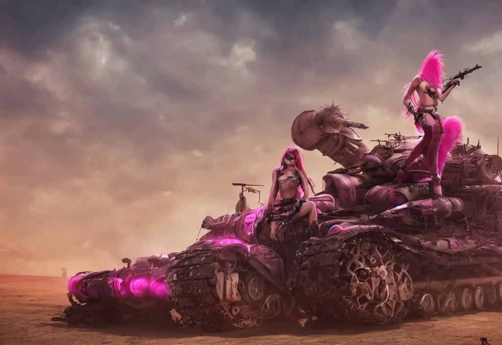 Image similar to beautiful apocalyptic woman with pink Mohawk, posing on mad max panzer tank, 4k ultra hd, fantasy dark art, artstation, octane render