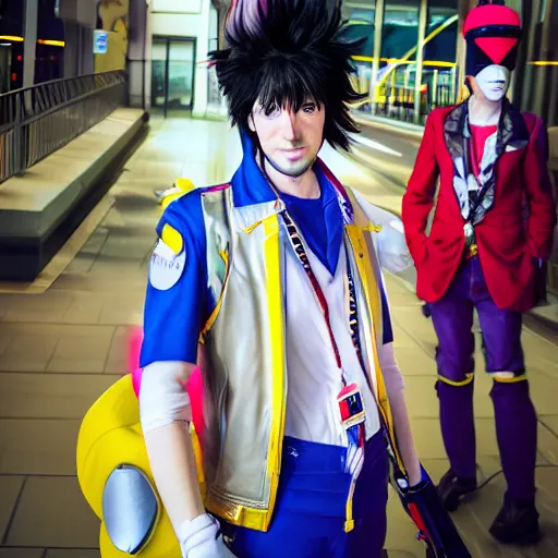 Image similar to man dresses up as space dandy and goes too an anime convention, realistic, hdr, clear image, hdd, rtx on, dynamic lighting,