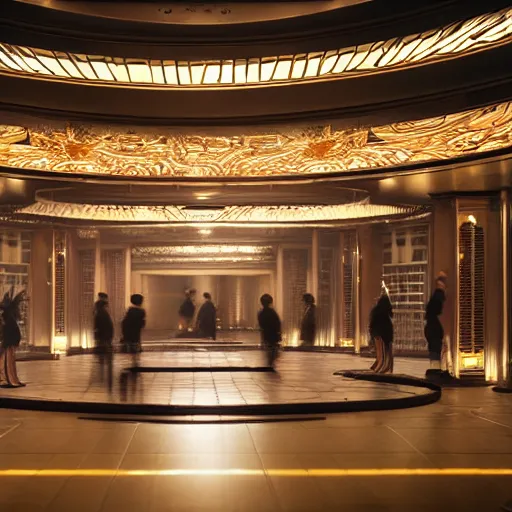 Image similar to a large ornate futuristic dojo, shot by roger deakins, night time, dim cinematic lighting, low ceiling, oscar winning, movie set