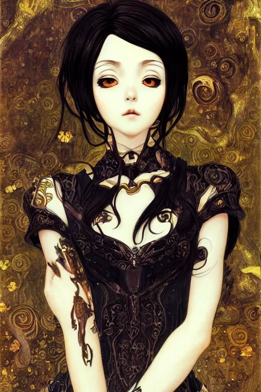 Image similar to portrait of beautiful young gothic anime maiden, cute-fine-face, pretty face, realistic shaded Perfect face, fine details. Anime, cyberpunk, Warhammer, highly detailed, artstation, illustration, art by Ilya Kuvshinov and Gustav Klimt and Gustav Klimt and Gustav Klimt and Gustav Klimt