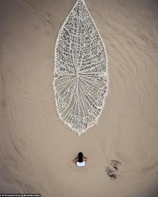 Prompt: a woman sitting on a beach, made of intricate decorative lace leaf skeleton, shot from a drone, in the style of the dutch masters and gregory crewdson, dark and moody