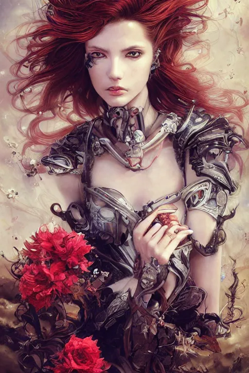 Prompt: portrait, headshot, insanely nice hair style, dramatic hair color, digital painting, gentle cyborg holding flowers , amber jewels, baroque, ornate clothing, scifi, realistic, hyperdetailed, chiaroscuro, concept art, art by Franz Hals and Jon Foster and Ayami Kojima and Amano and Karol Bak,