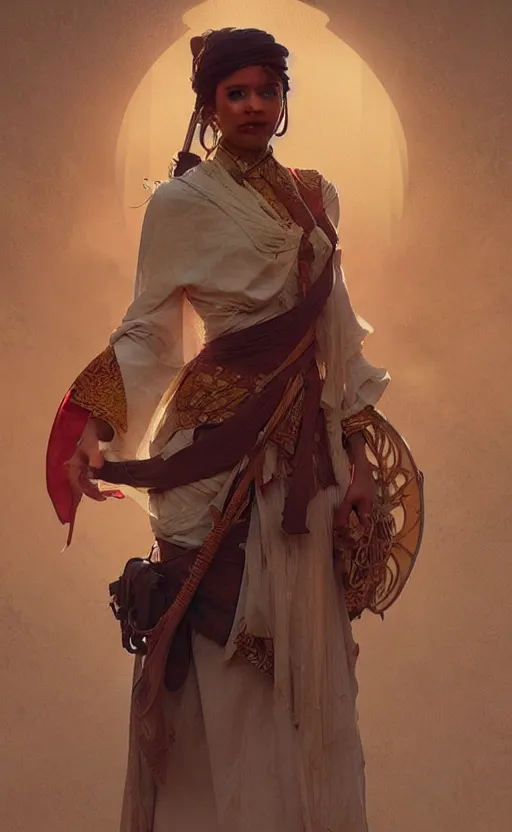 Image similar to a personification of the country Oman, highly detailed, digital painting, artstation, concept art, sharp focus, illustration, art by greg rutkowski and alphonse mucha