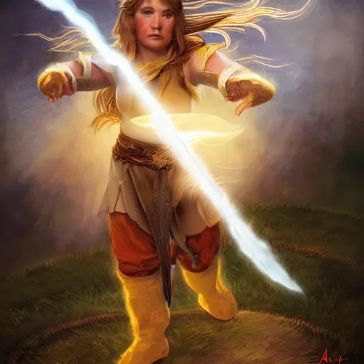 Image similar to full body portrait of a female halfling hobbit monk fistfighter warrior, hallucinating a holy vision of her goddess of mist and light, flowing robes and leather armor, detailed dynamic light painting by albrecht anker