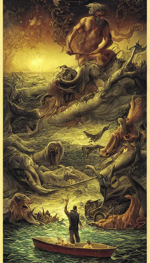 Image similar to man on boat crossing a body of water in hell with creatures in the water, sea of souls, by khara inc