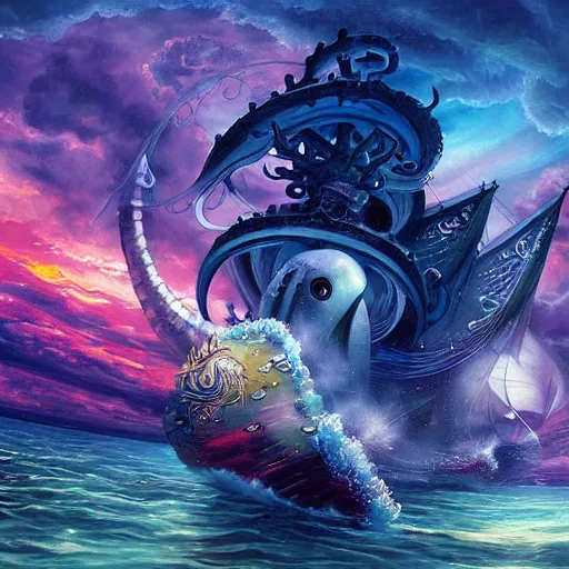 Image similar to mystical ship with kraken pulling it underwater, beautiful composition, wide angle, colorful, cinematic, volumetric lighting, intricate details painting