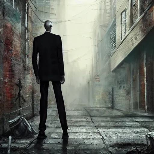 Prompt: a perfect, realistic professional oil painting of slender man posing in a dystopian alleyway, close-up, by a professional American senior artist on ArtStation, a high-quality hollywood-style concept