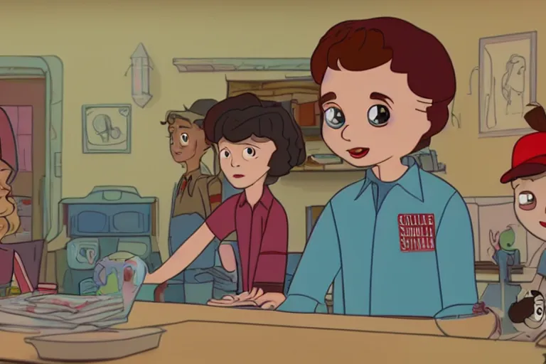 Image similar to film still from stranger things 5, an animated cartoon by walt disney