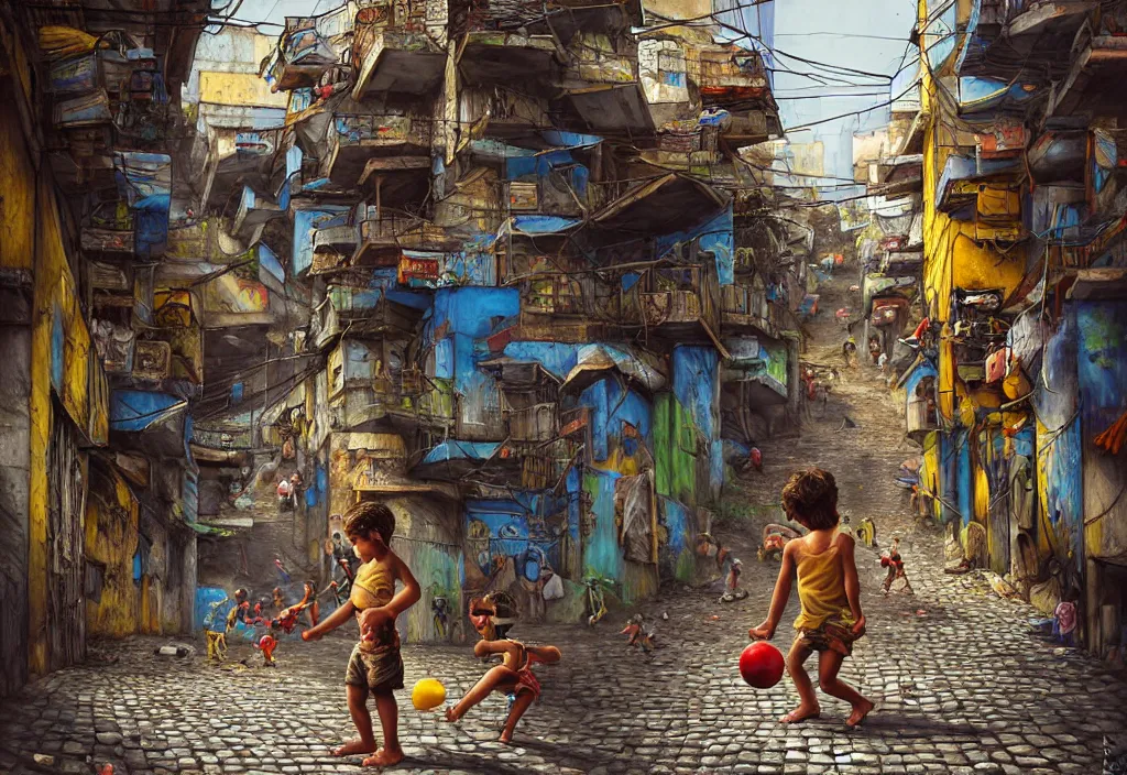 Prompt: photorealistic favela rocinha rio de janeiro with precise rendered alleys with intricate details of gun happy people in alley close view of kid playing with colorful ball and flying kit by Justin Gerard