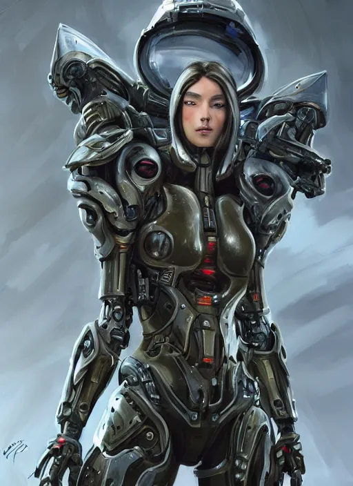 Prompt: a professional painting of a beautiful young female, clothed in cybernetic military armor, olive skin, long dark hair, beautiful bone structure, symmetrical facial features, intricate, elegant, digital painting, concept art, smooth, sharp focus, illustration, from StarCraft by Ruan Jia and Mandy Jurgens and Artgerm and William-Adolphe Bouguerea