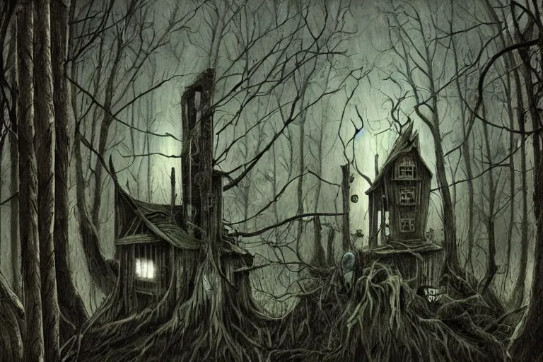 Image similar to mad horror painting of a futuristic alien witch house from another dimension in the woods by ben templesmith