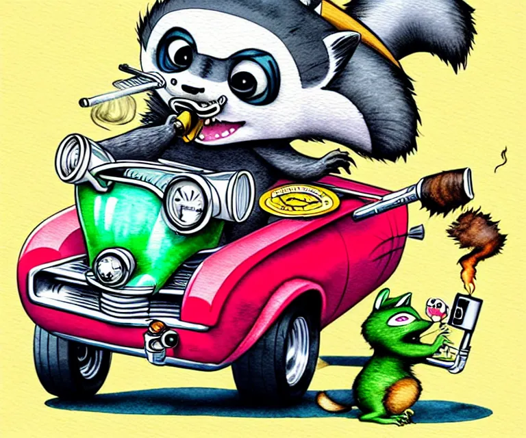 Prompt: cute and funny, racoon smoking cigar, racoon wearing a helmet, racoon riding in a tiny hot rod coupe with oversized engine, ratfink style by ed roth, centered award winning watercolor pen illustration, isometric illustration by chihiro iwasaki, edited by range murata